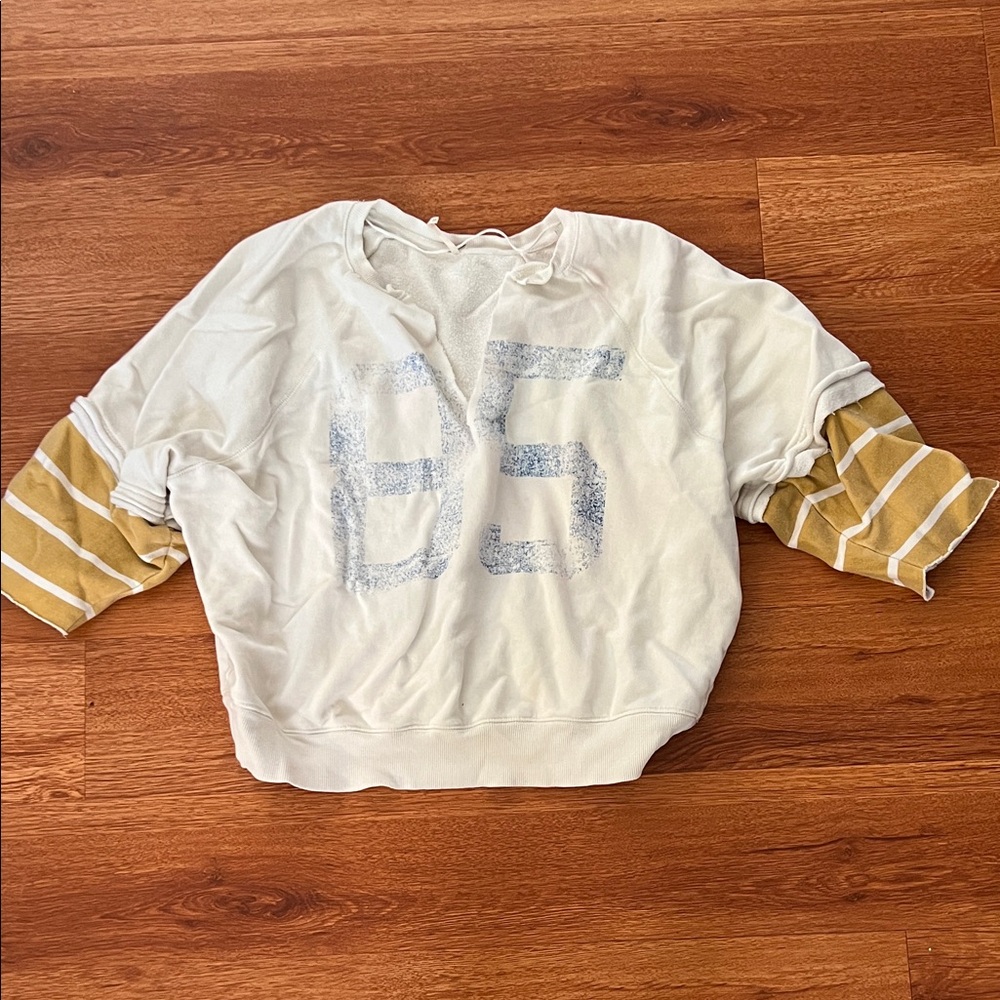 Free People White and Tan Striped Sleeve Sweatshirt